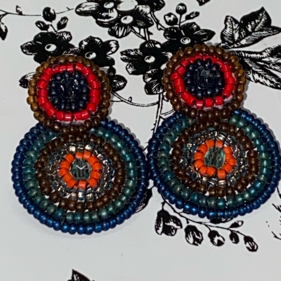 * hand Beaded double circular stud Earrings multi earth tone colors 1” long - Picture 6 of 6